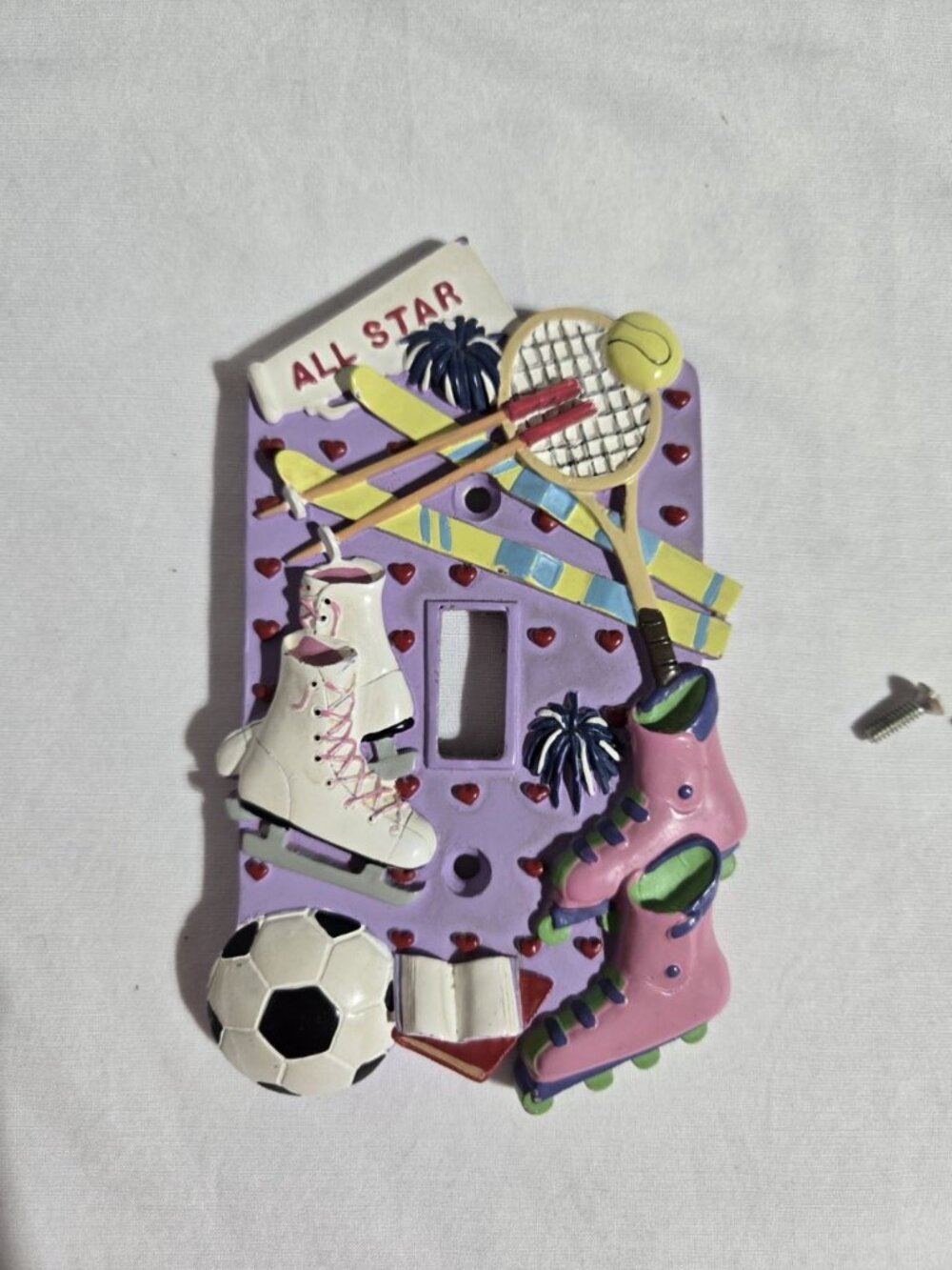 Vintage 90s Girls Sports Light Switch Plate Cover All Star Soccer Tennis Resin